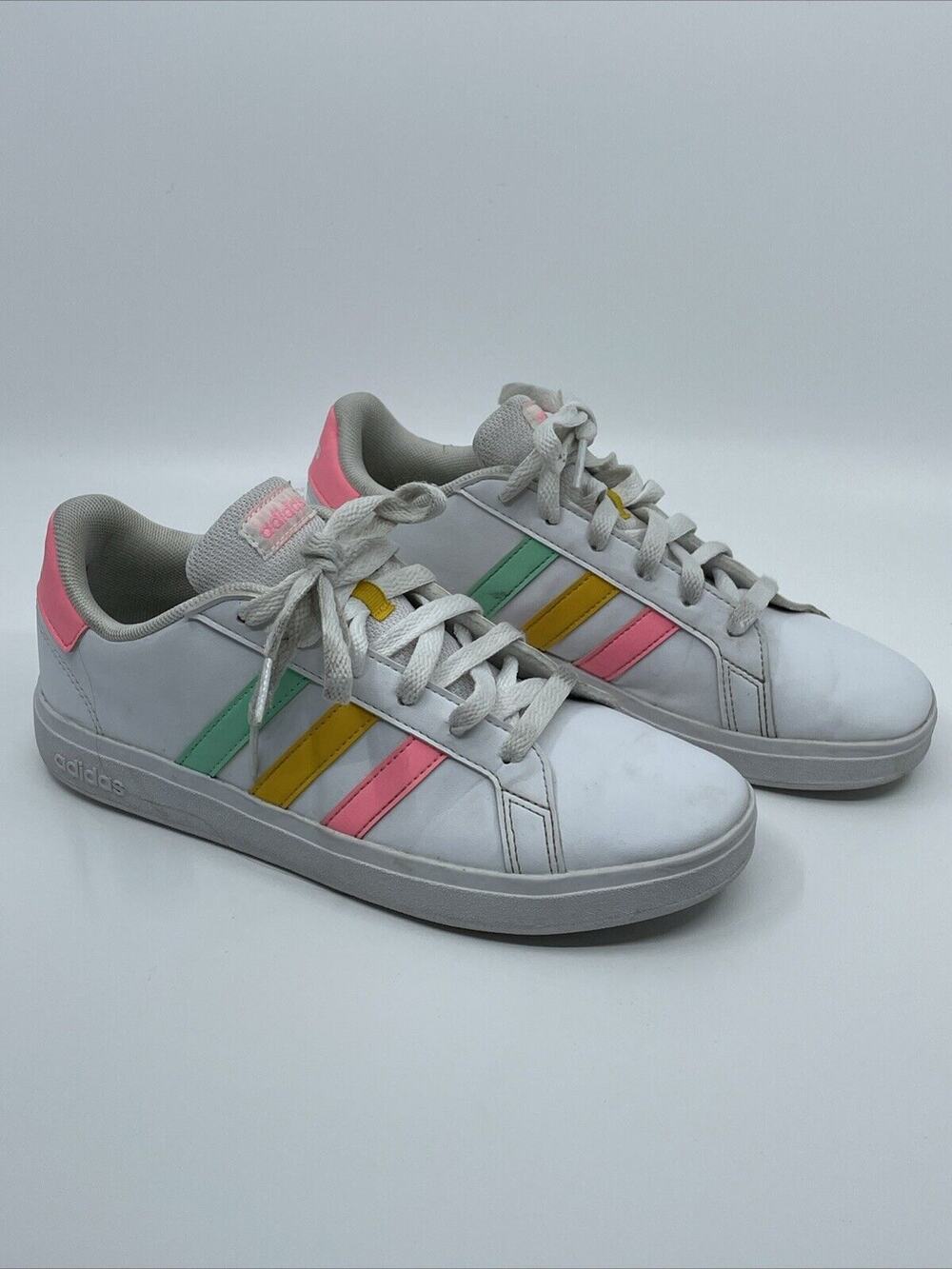 adidas Kids Grand Court 2.0 Tennis Shoe White/Mint/Pink Size 5 rainbow
